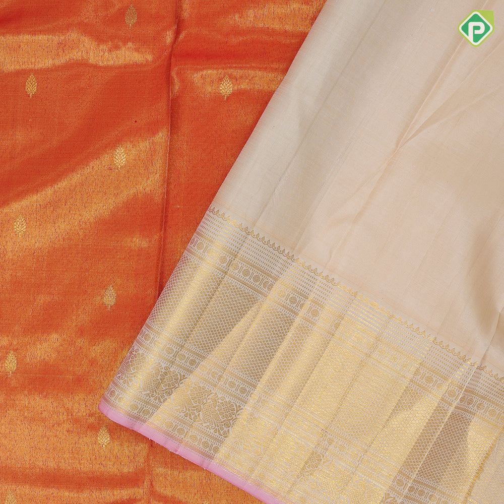 Flame orange gold zari tissue leaf buds butta design cream white gold zari mayilkan peacock butta lines border grand tissue silk saree