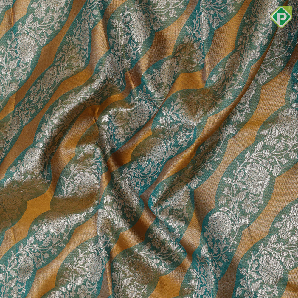 Golden yellow base sea green silver gold zari grand floral design sea green silver gold zari mango border Rangkat silk saree