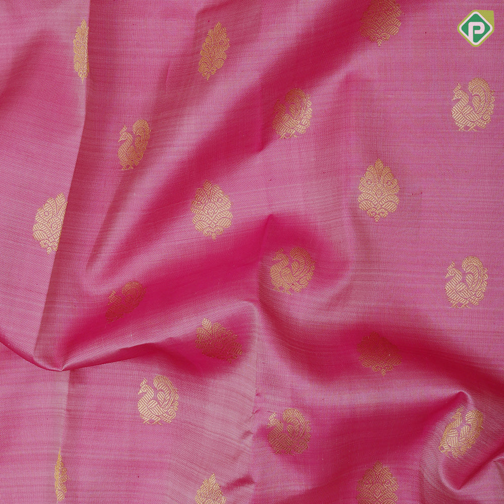 Onion pink gold zari annam and fancy thilagam butta contrast creamy sandal gold zari rettapet border traditional silk saree