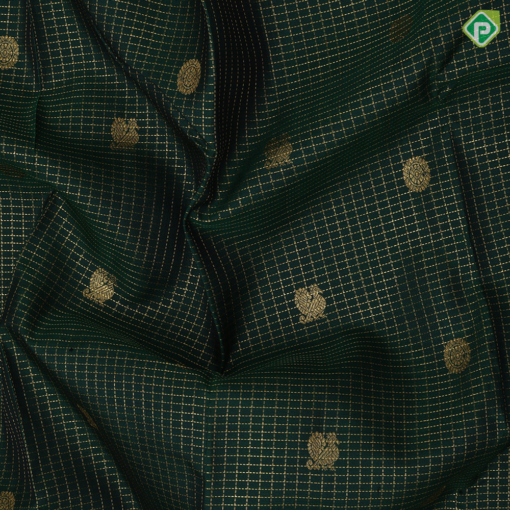 Bottle Green Gold Zari Vairaoosi Checks Peacock Chagaram design Glacier Gray Chagaram Wave Design Border Traditional Silk Saree