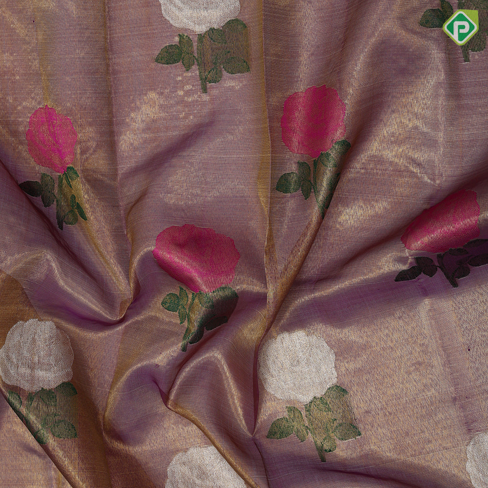 Purple gold zari tissue multi color rose meena work design pista green gold zari border bridal tissue silk saree