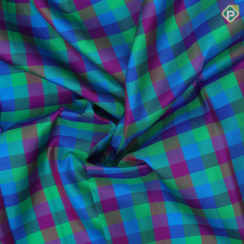 Multi color vibrant checks paalum pazhamum kattam design purple gold zari retta pett border traditional silk saree