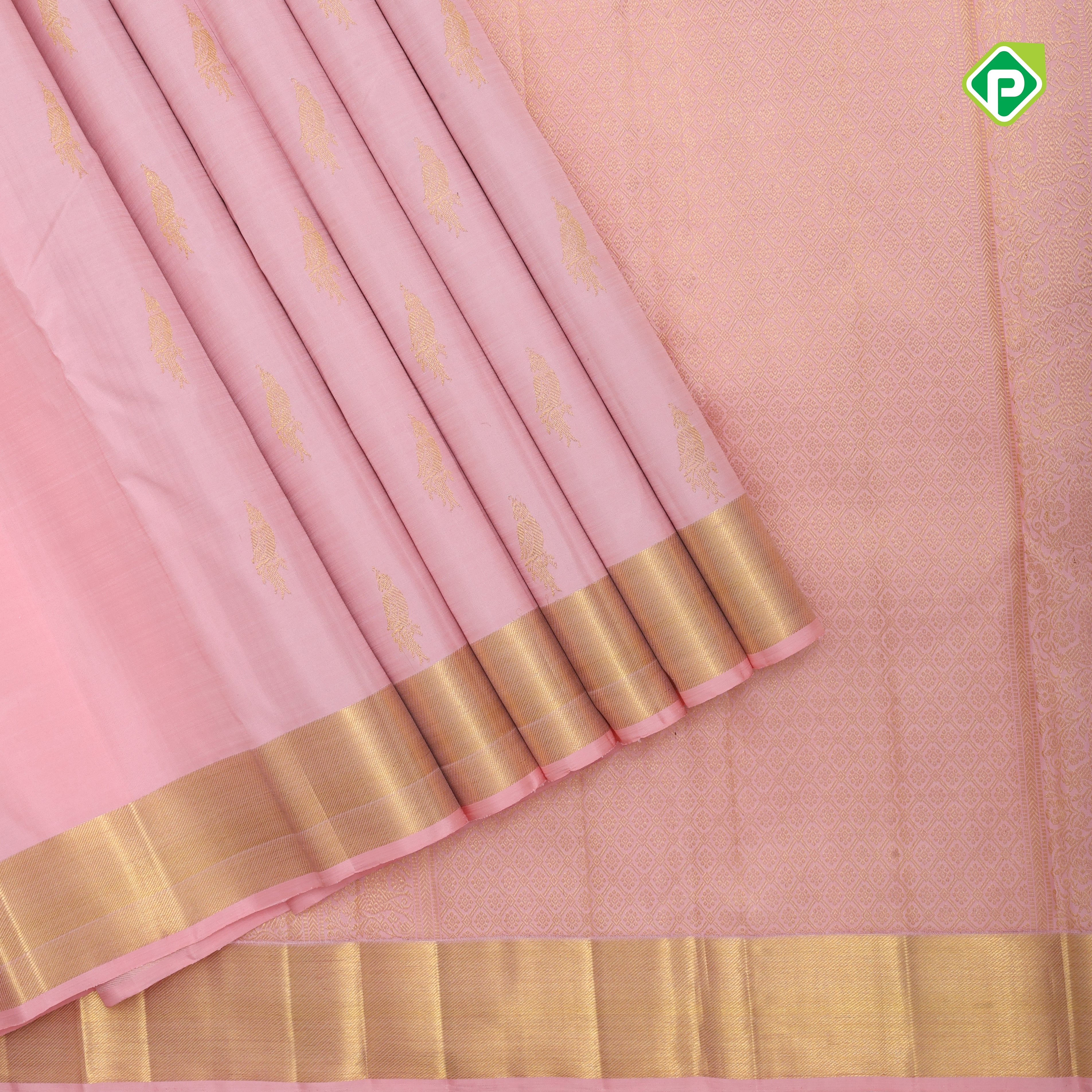 Baby pink gold zari parrot butta design self color gold zari gatti border bridal silk saree