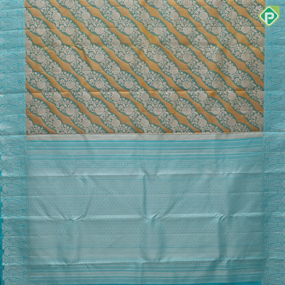 Golden yellow base sea green silver gold zari grand floral design sea green silver gold zari mango border Rangkat silk saree