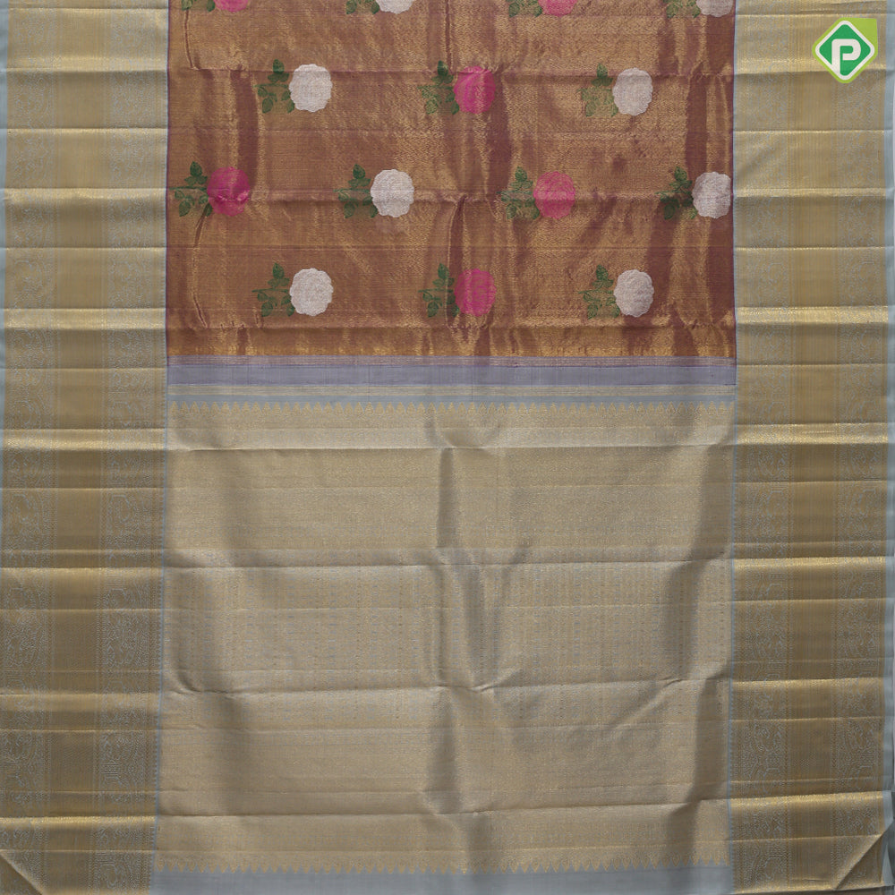 Purple gold zari tissue multi color rose meena work design pista green gold zari border bridal tissue silk saree