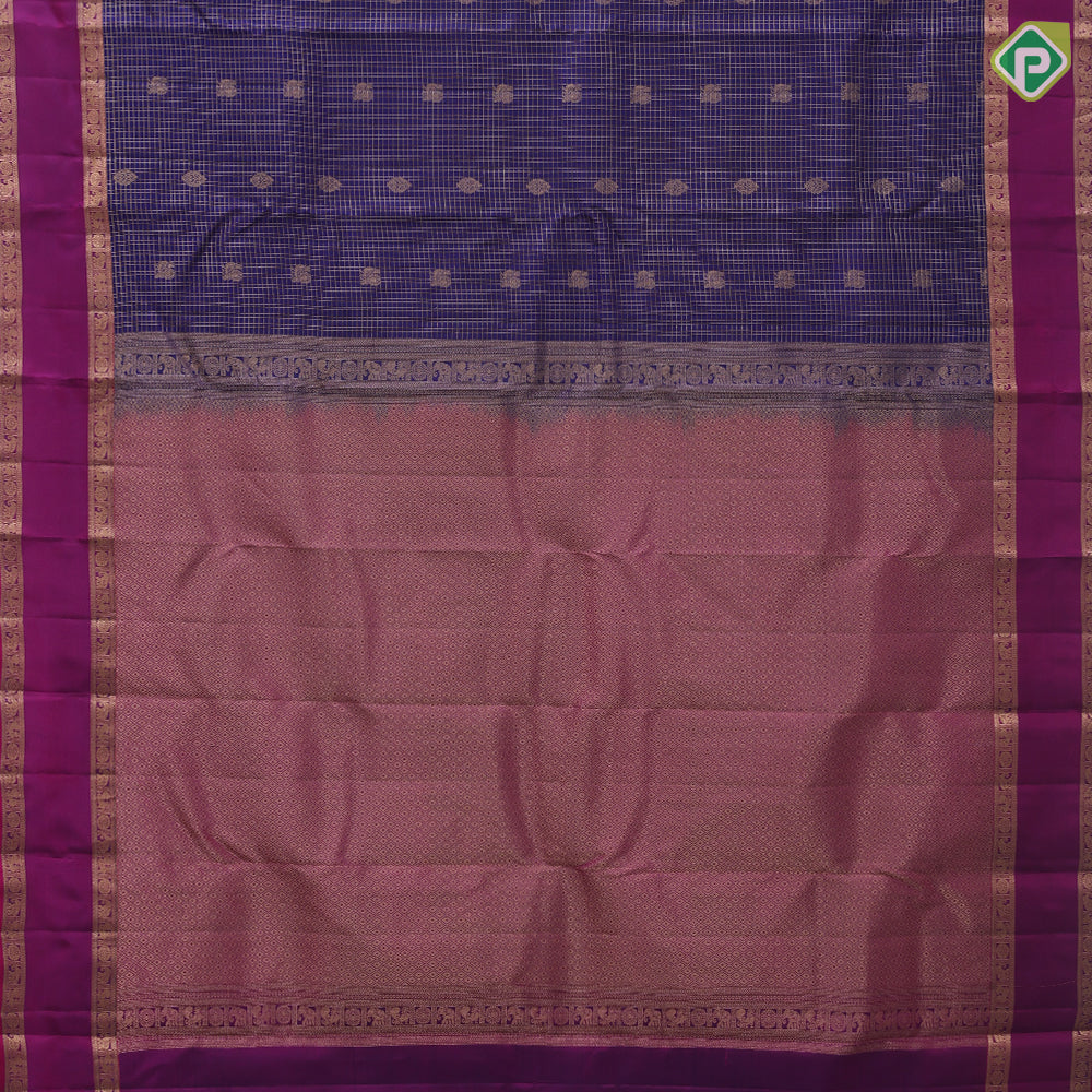 Royal Blue Gold Zari Small Checks Peacock Thilagam Design Magenta Peacock Chagaram Elephant Border Design Pure Mix Silk Saree
