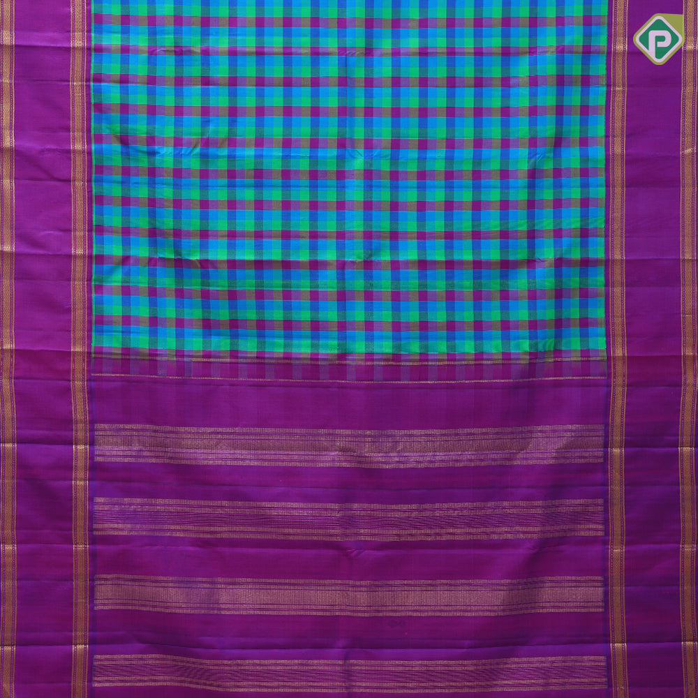 Multi color vibrant checks paalum pazhamum kattam design purple gold zari retta pett border traditional silk saree