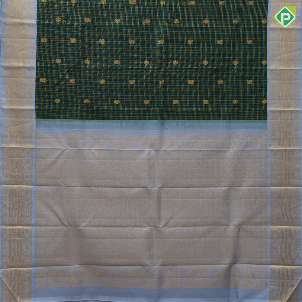 Bottle Green Gold Zari Vairaoosi Checks Peacock Chagaram design Glacier Gray Chagaram Wave Design Border Traditional Silk Saree