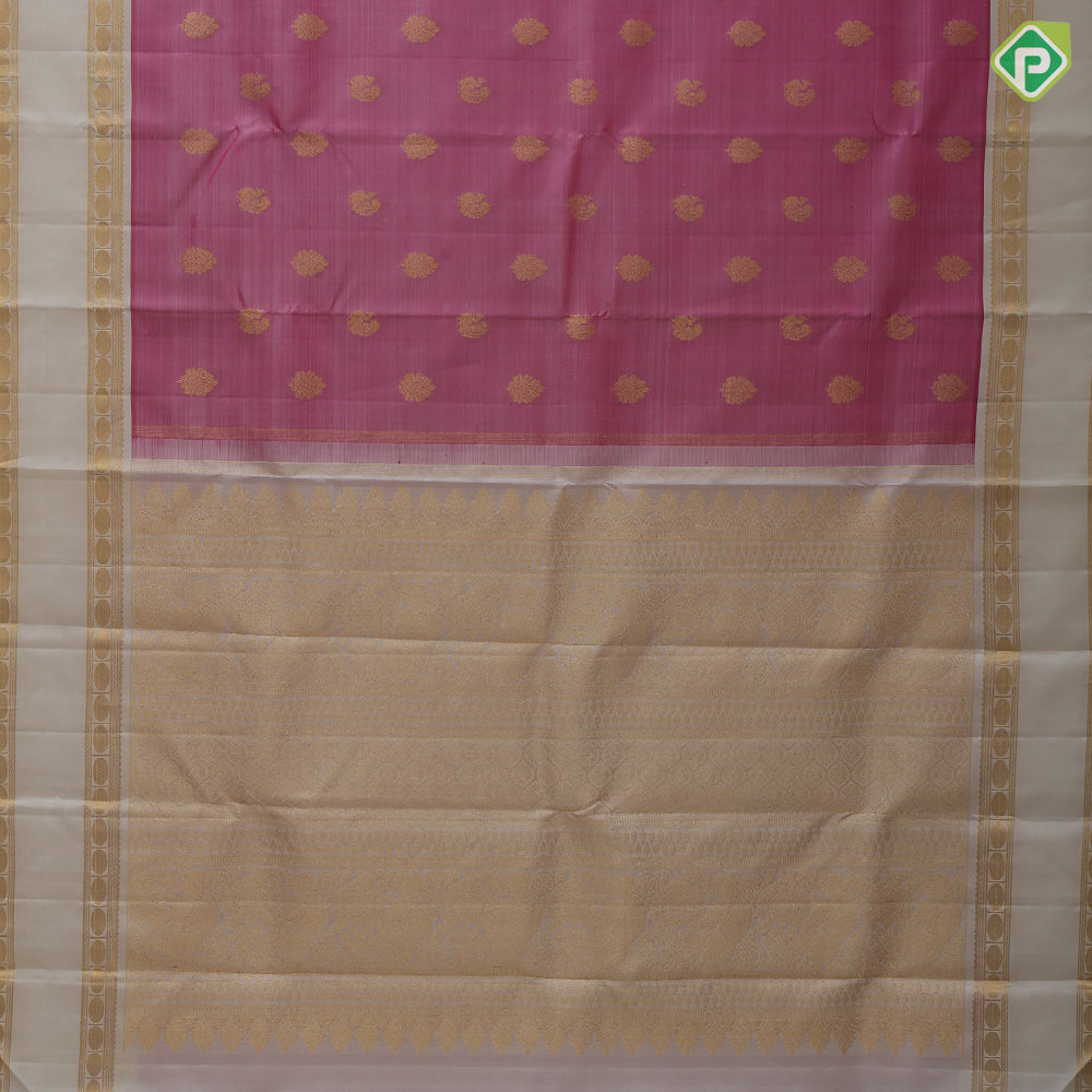 Onion pink gold zari annam and fancy thilagam butta contrast creamy sandal gold zari rettapet border traditional silk saree