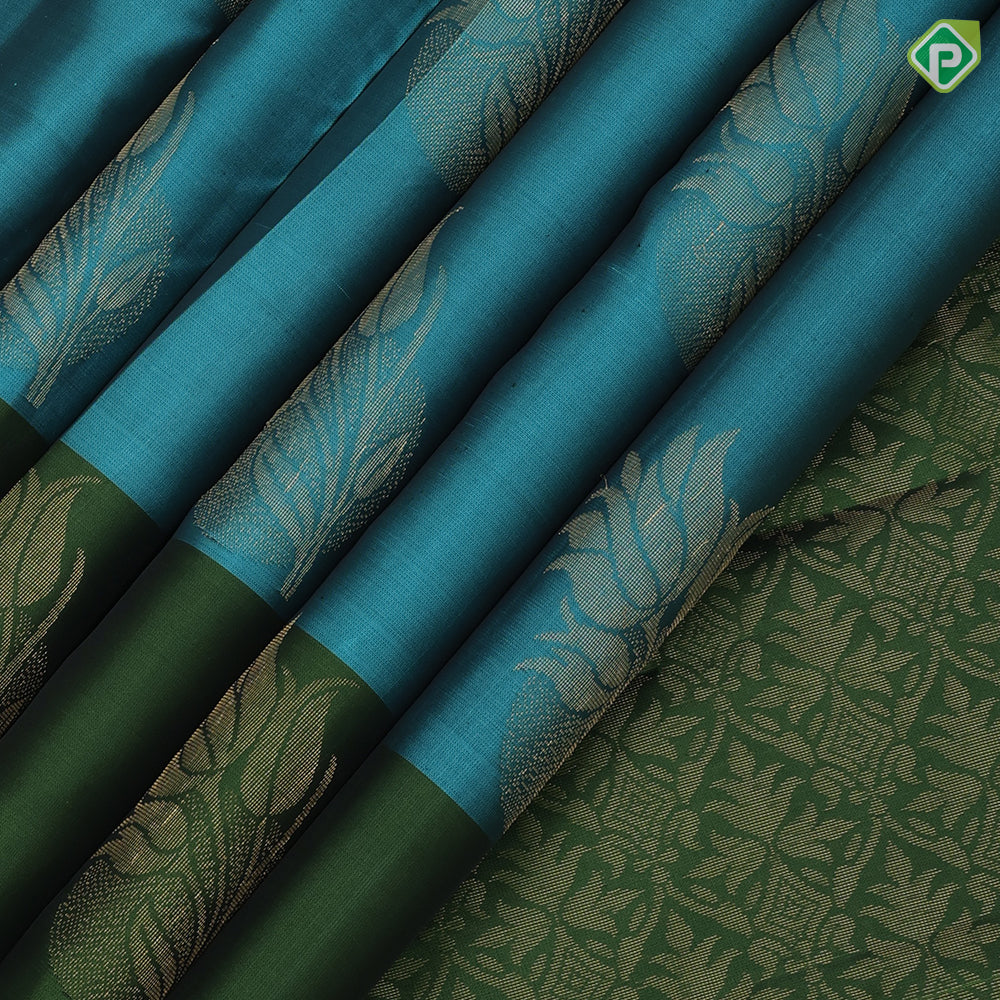 peacock blue gold zari fancy flower butta army green gold zari fancy flower border pure mix silk saree