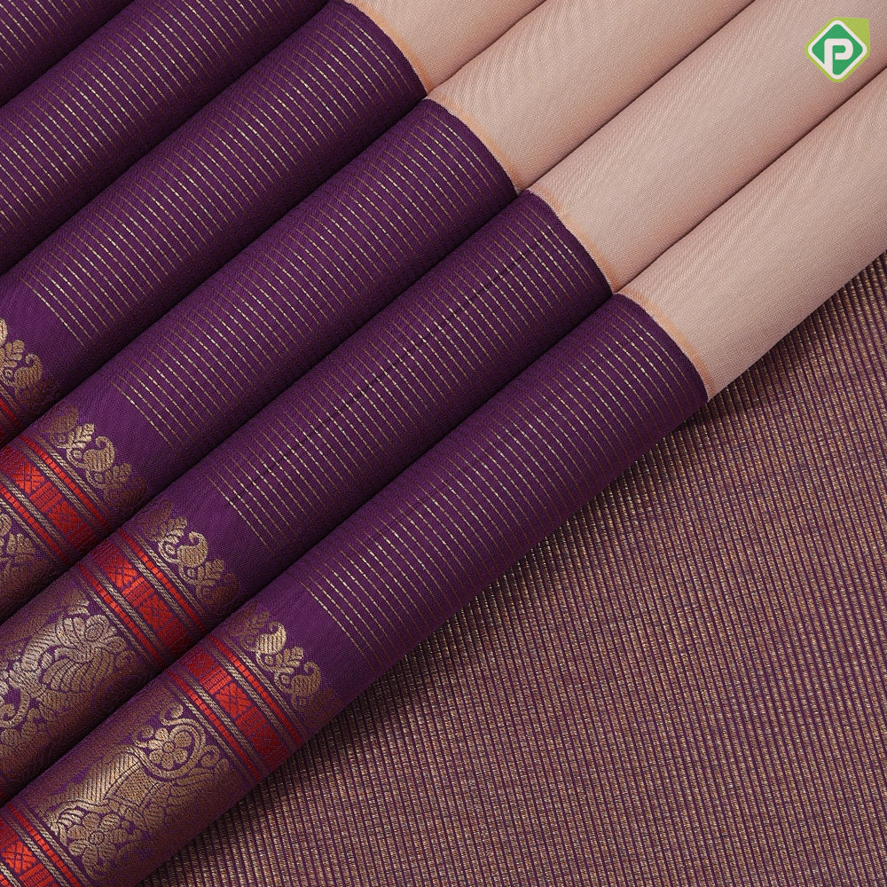 peach plain body purple gold zari vaiaraoosi and double yaali butta retta pett border fusion silk saree
