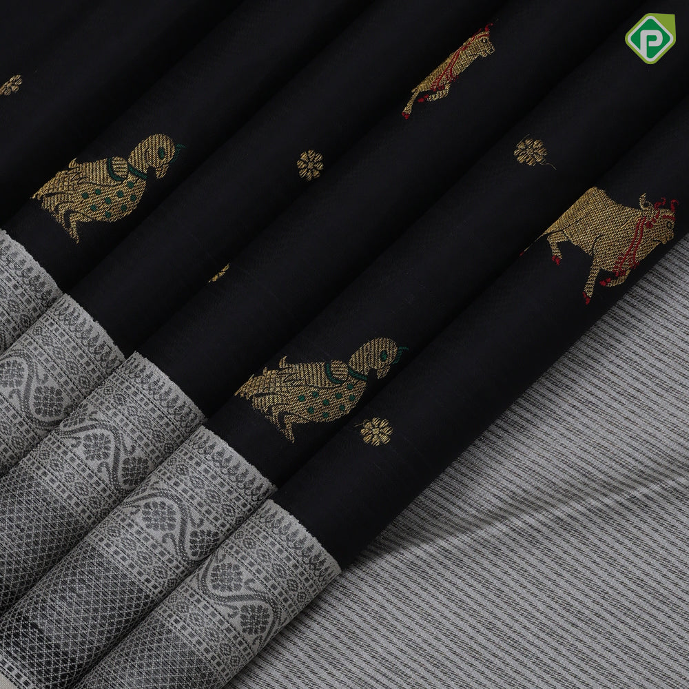 Black gold zari pichwai painting butta design cream white black thread rangoli design border signature silk saree