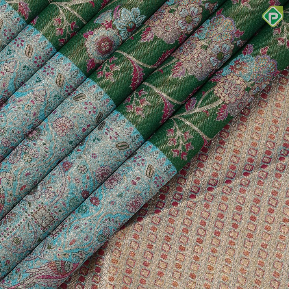 Emarald green gold zari muti color meena work design sea blue pythonic border design grand tissue silk saree