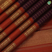 Purple violet gold zari velthari checks design deep orange gold zari peacock butta retta pett border traditional silk saree