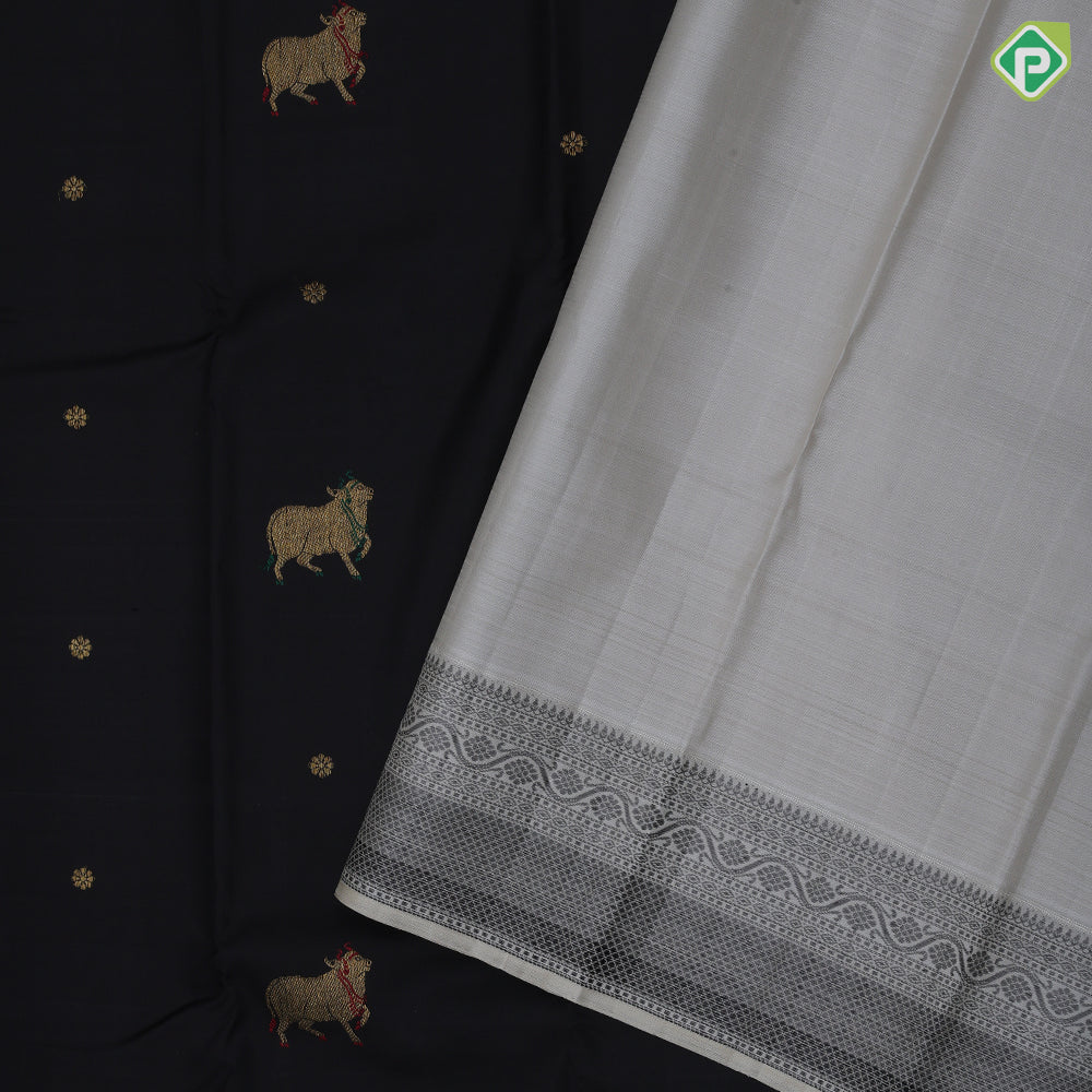 Black gold zari pichwai painting butta design cream white black thread rangoli design border signature silk saree
