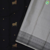 Black gold zari pichwai painting butta design cream white black thread rangoli design border signature silk saree
