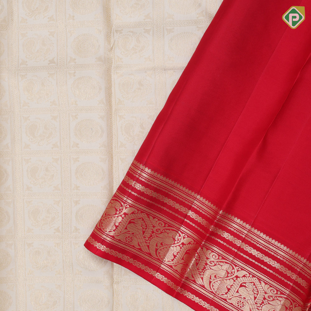 White silver gold zari peacock chakkaram checkered design chilly red silver gold zari parrot and peacock butta line border bridal silk saree