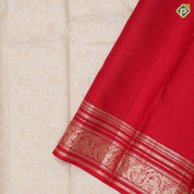 White silver gold zari peacock chakkaram checkered design chilly red silver gold zari parrot and peacock butta line border bridal silk saree