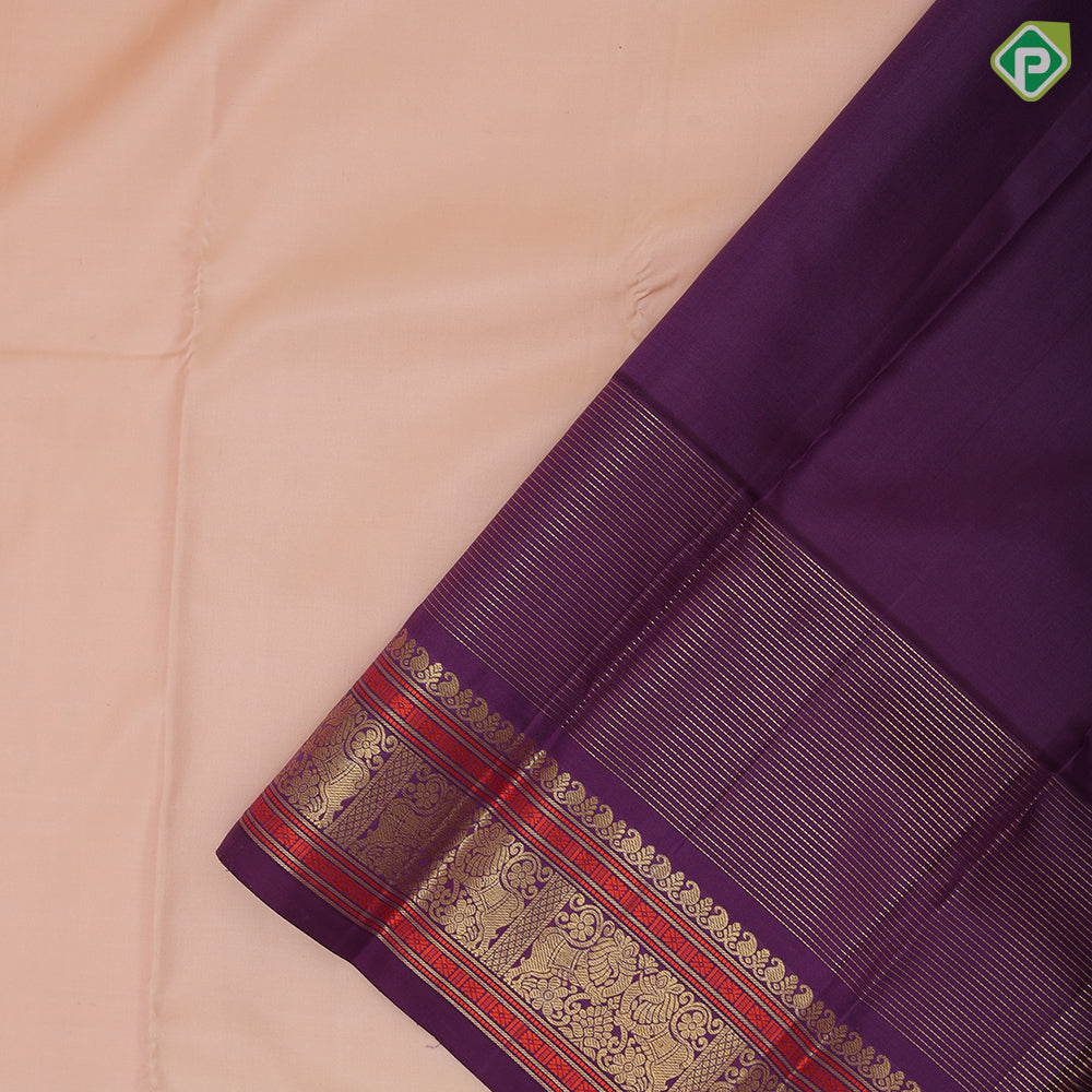 peach plain body purple gold zari vaiaraoosi and double yaali butta retta pett border fusion silk saree