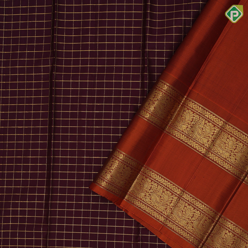 Purple violet gold zari velthari checks design deep orange gold zari peacock butta retta pett border traditional silk saree