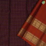 Purple violet gold zari velthari checks design deep orange gold zari peacock butta retta pett border traditional silk saree