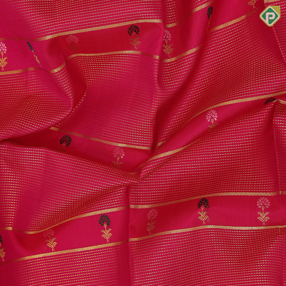 Rose pink gold zari vairaoosi multi color flower meena work butta baby pink gold zari horse butta high border fusion silk saree
