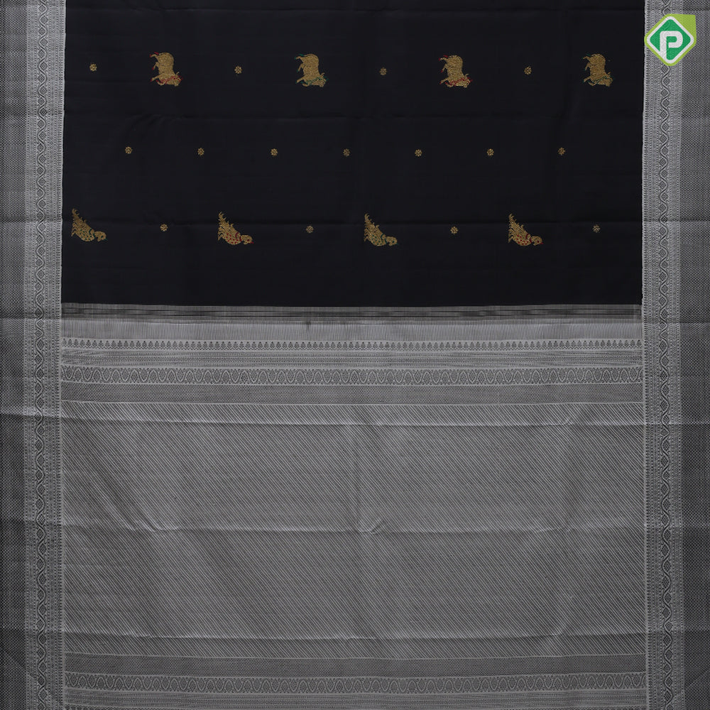 Black gold zari pichwai painting butta design cream white black thread rangoli design border signature silk saree