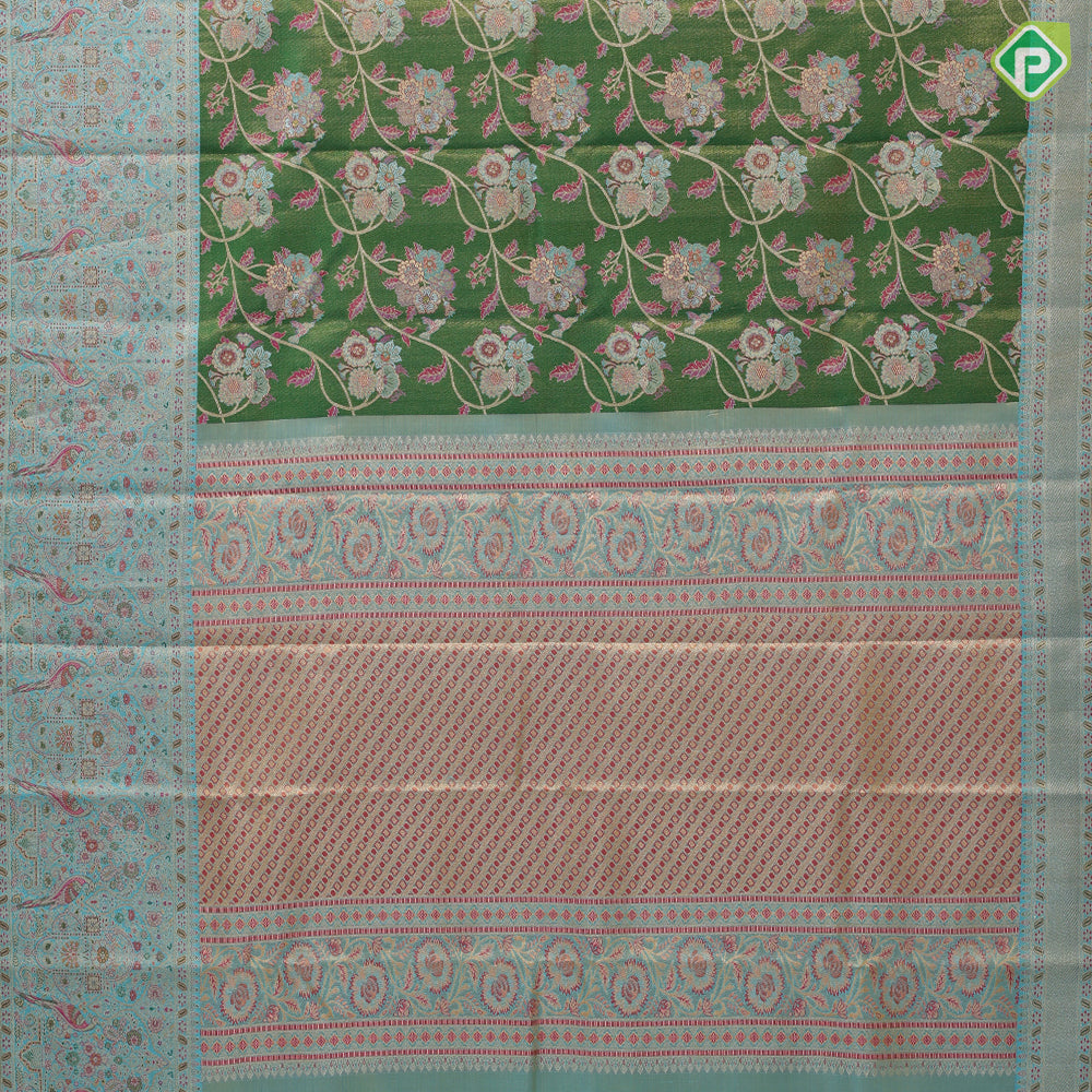 Emarald green gold zari muti color meena work design sea blue pythonic border design grand tissue silk saree
