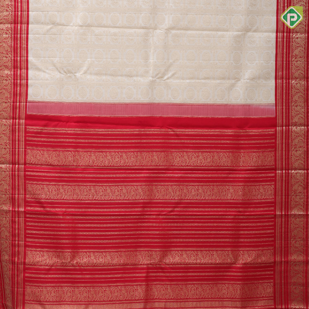 White silver gold zari peacock chakkaram checkered design chilly red silver gold zari parrot and peacock butta line border bridal silk saree