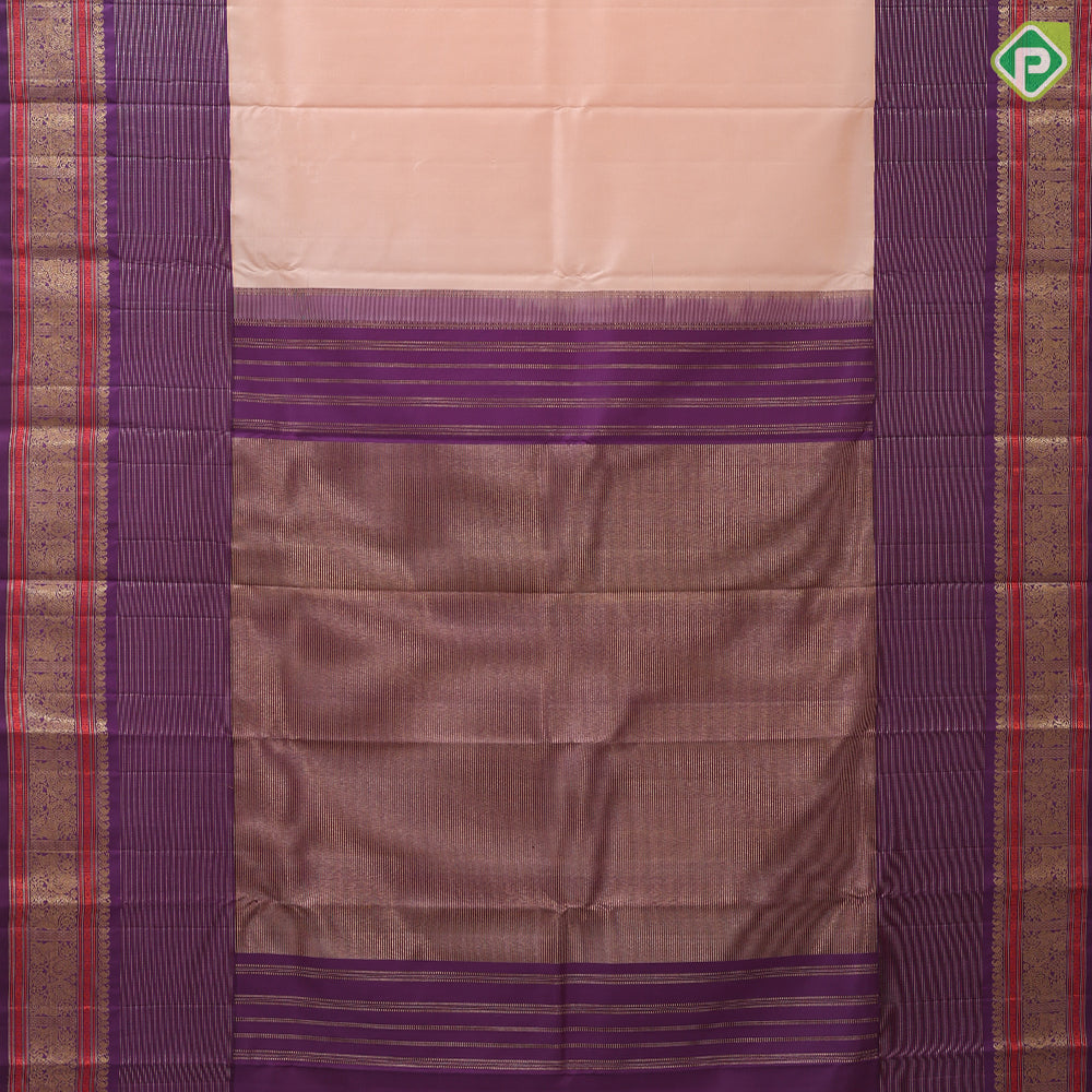 peach plain body purple gold zari vaiaraoosi and double yaali butta retta pett border fusion silk saree