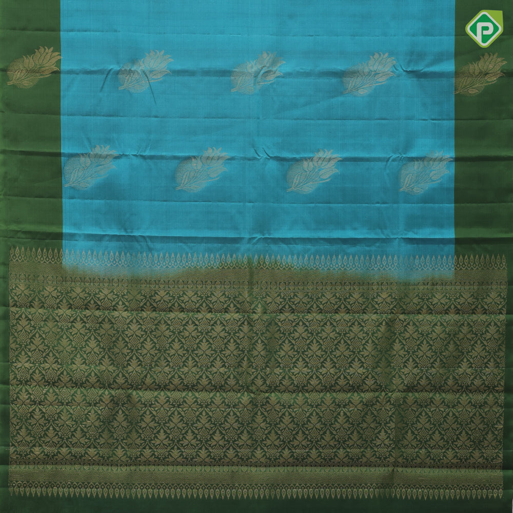 peacock blue gold zari fancy flower butta army green gold zari fancy flower border pure mix silk saree