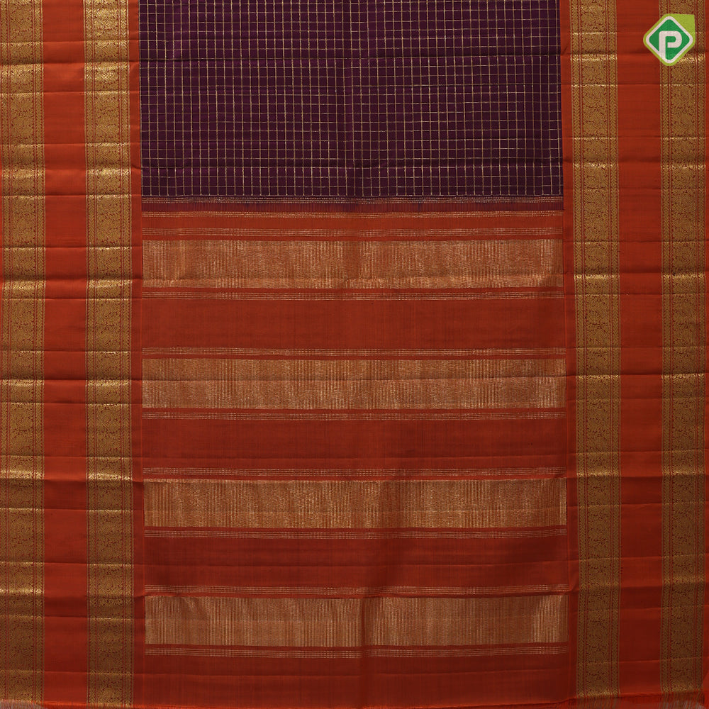 Purple violet gold zari velthari checks design deep orange gold zari peacock butta retta pett border traditional silk saree