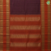 Purple violet gold zari velthari checks design deep orange gold zari peacock butta retta pett border traditional silk saree