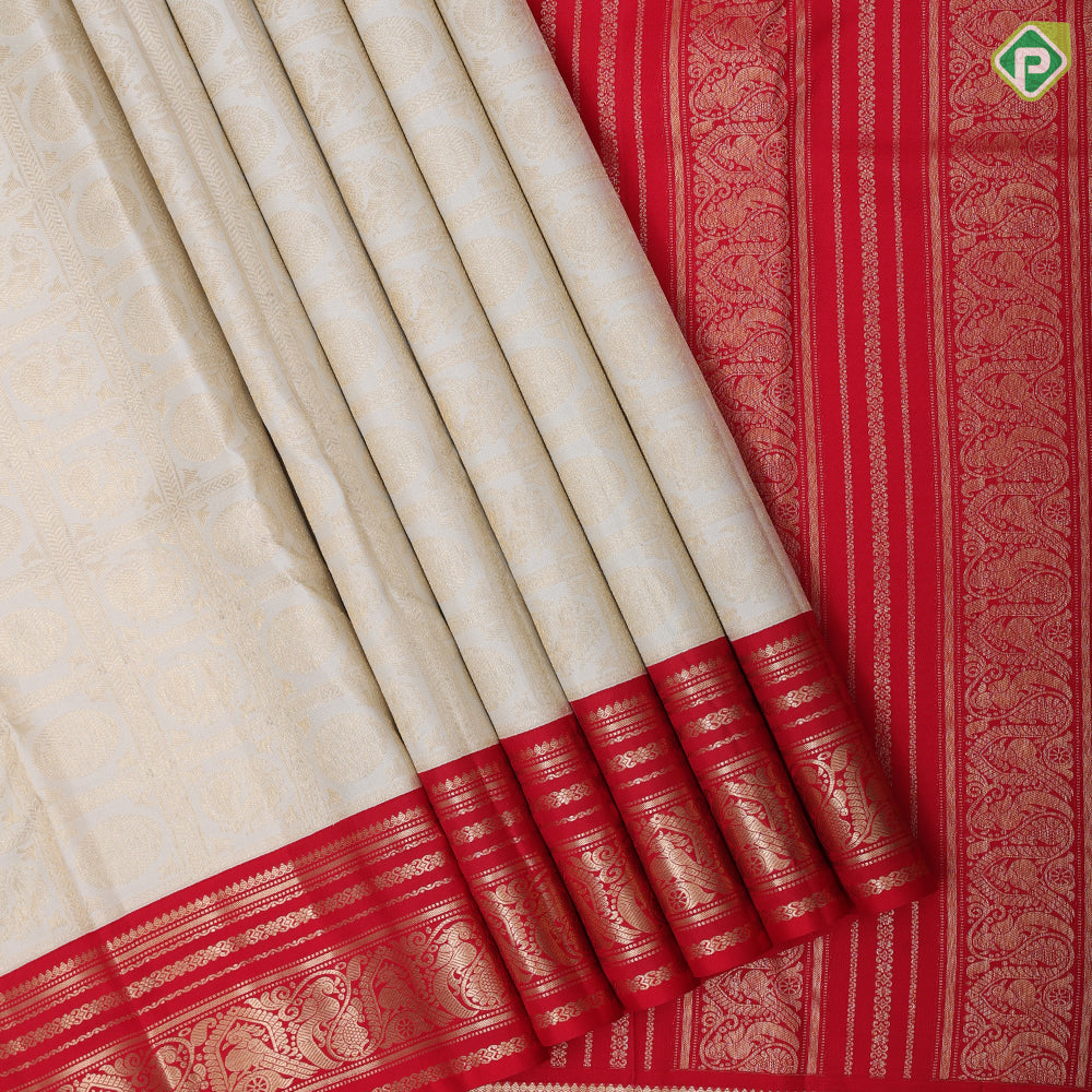 White silver gold zari peacock chakkaram checkered design chilly red silver gold zari parrot and peacock butta line border bridal silk saree