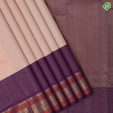 peach plain body purple gold zari vaiaraoosi and double yaali butta retta pett border fusion silk saree