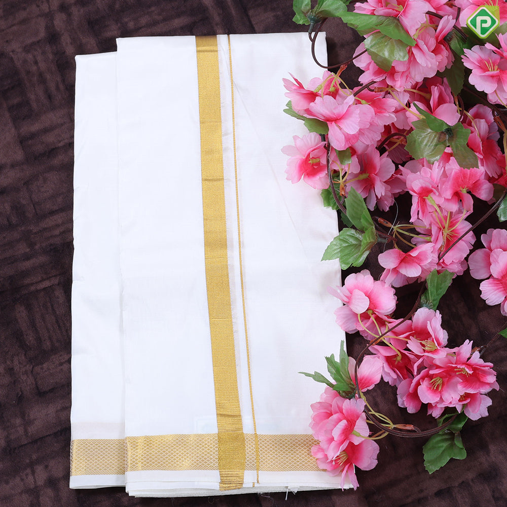 Cream White Gold Zari Border 8 Muzham 40 Kuligai Pure Mix Silk Dhoti