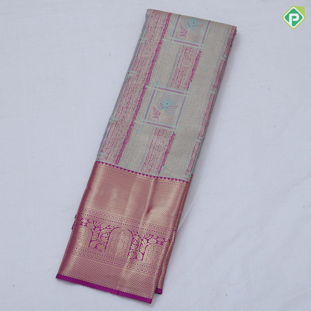 green base pastel red frame flower design self color gold zari grand border tissue art silk saree