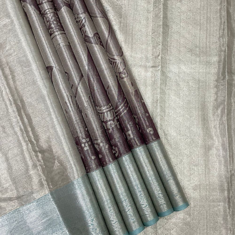 Silver Grey With Coffee Brown Silver Gold Zari Rangoli And Cross Lines Design Border Trendy Designer Silk Saree