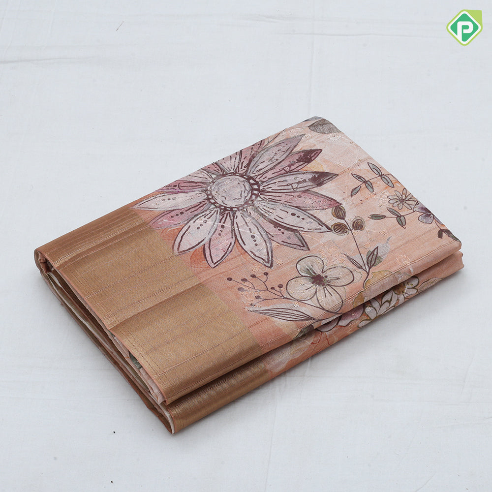 peach flower print and embroidered design gold zari plain border fancy cotton saree