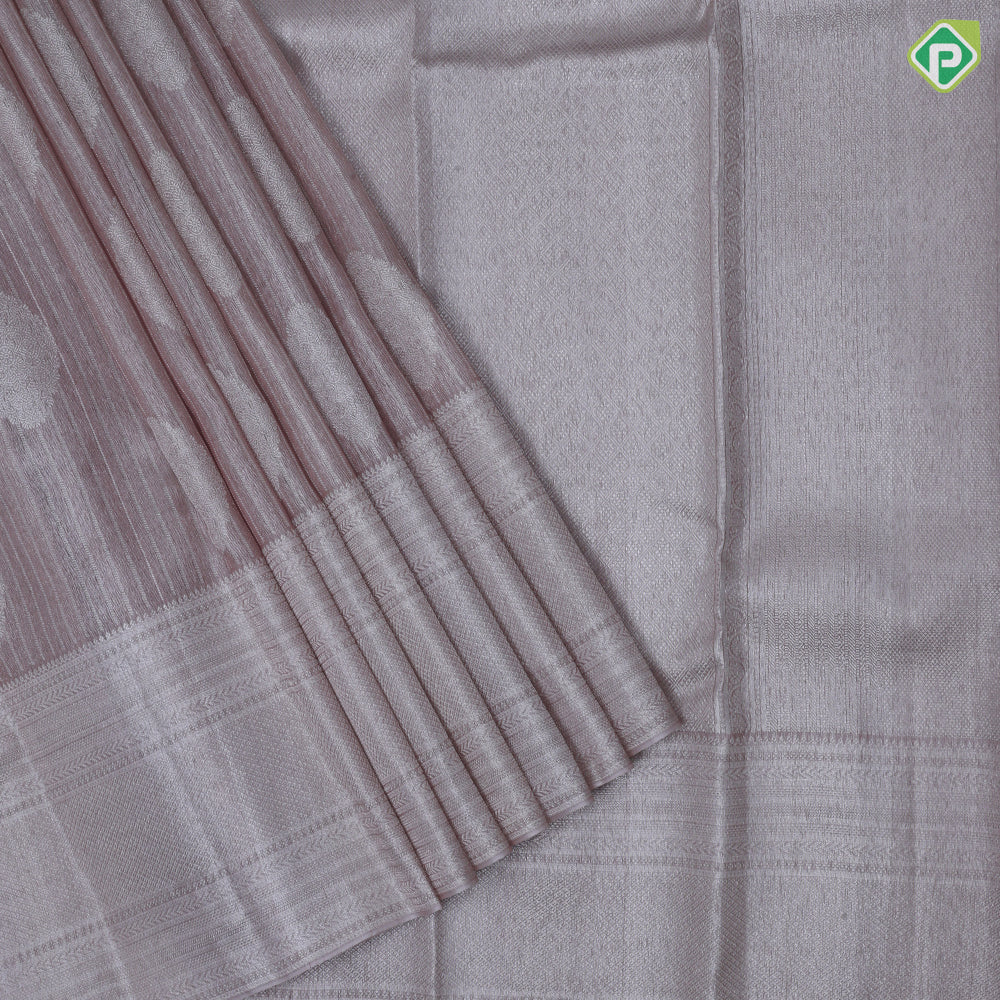 peach silver stripes and butta design self silver zari multi design border kanchi koora silk saree