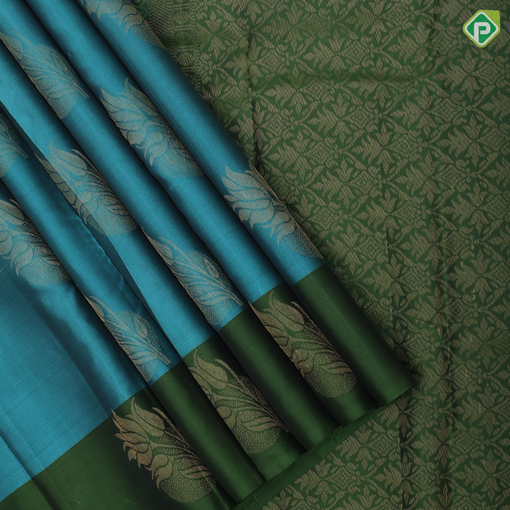 peacock blue gold zari fancy flower butta army green gold zari fancy flower border pure mix silk saree