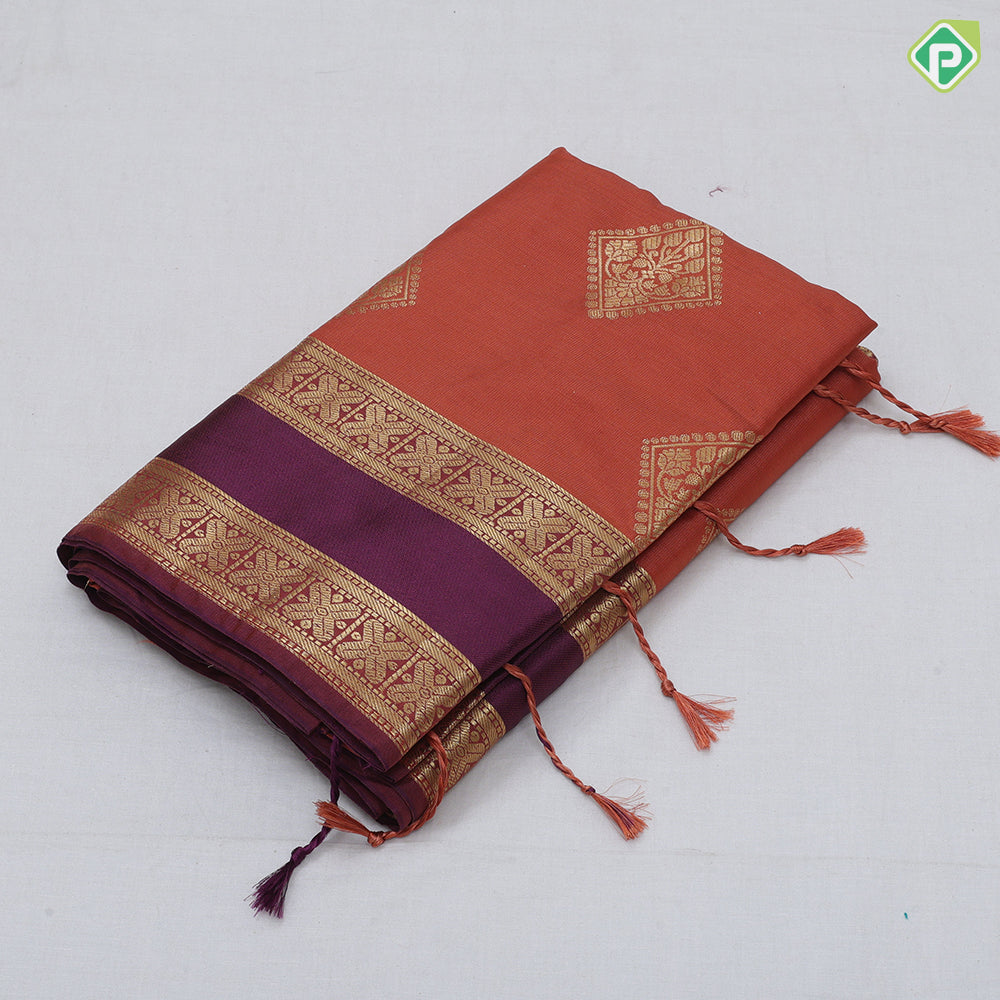 Rust Orange Gold Zari Butta Design Brown Floral Border Design Soft Art Saree