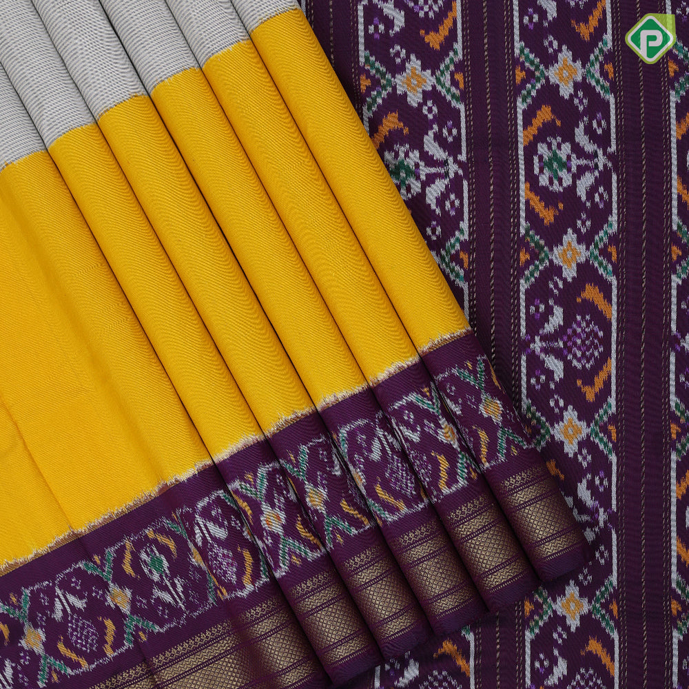 Tricolor three part body design purple ikkat design border purple pallu concept ikkat design silk saree