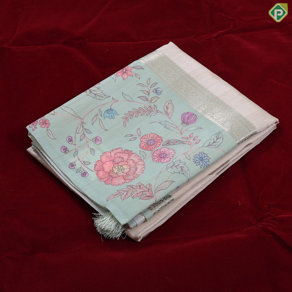 cream with gold zari round butta design baby pink multi colour floral border semi tusser saree