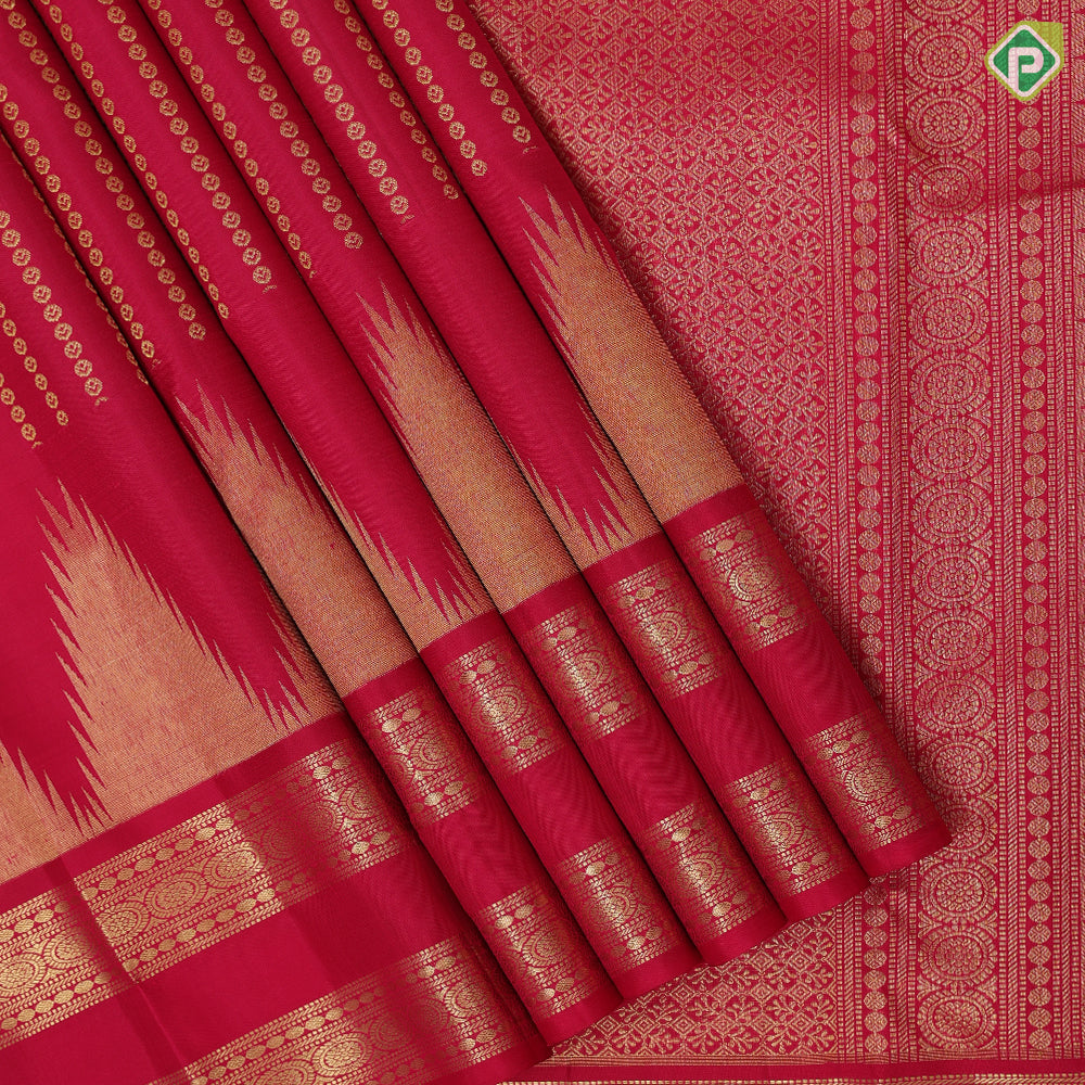 brownish maroon gold zari beads design self color gold zari retta pattai and temple rack border 3 in 1 rich bridal silk saree