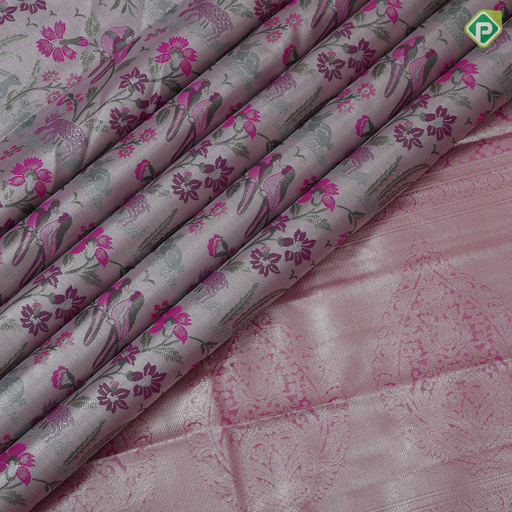 Pewter pink base multi color wild effect design dark green gold zari floral birds design border tissue art silk saree
