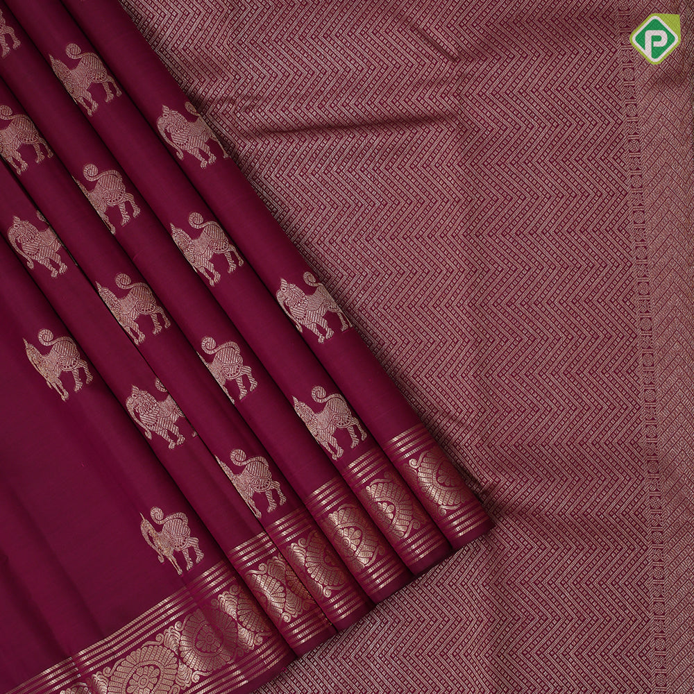 Beetroot Red Gold Zari Yazhi Motif Design Self Colour Chagaram Design Border Trendy Silk Saree