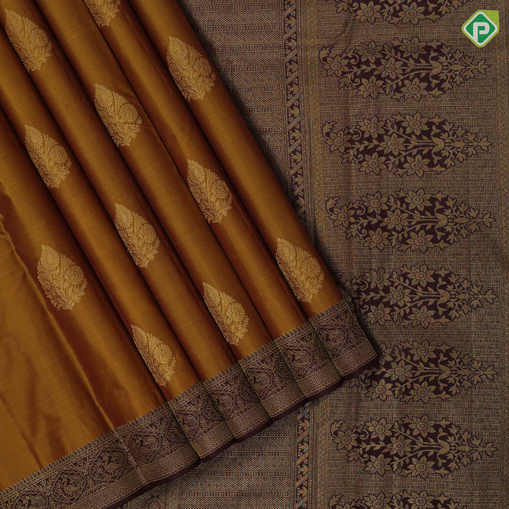 Mehndi green gold zari flower in leaf design brown gold zari peacock banaras style border gift silk saree