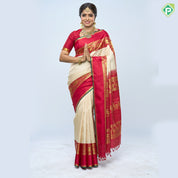 cream white gold zari vairaoosi checks design rani red gold zari kamadenu butta pichwai border traditional silk saree