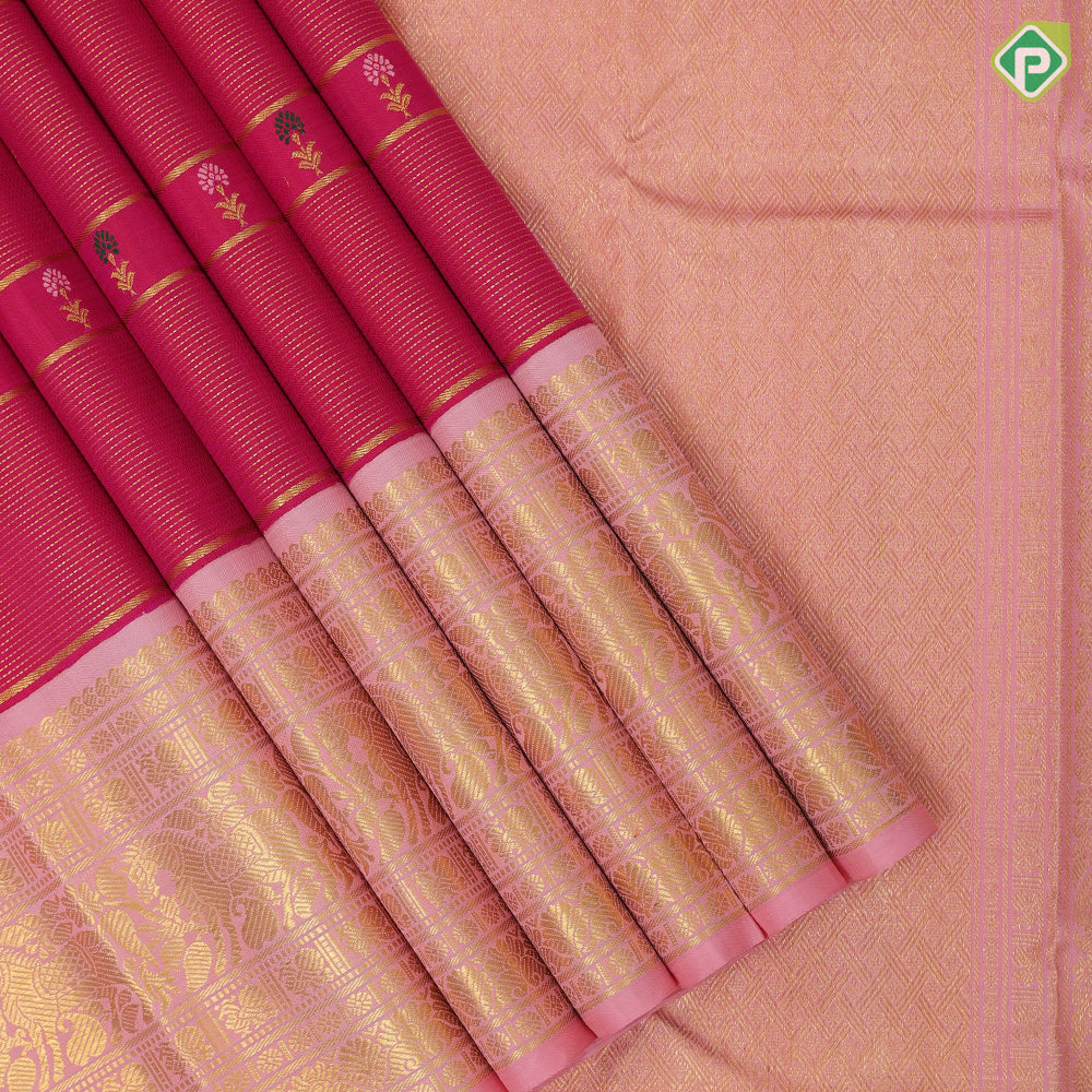 Rose pink gold zari vairaoosi multi color flower meena work butta baby pink gold zari horse butta high border fusion silk saree